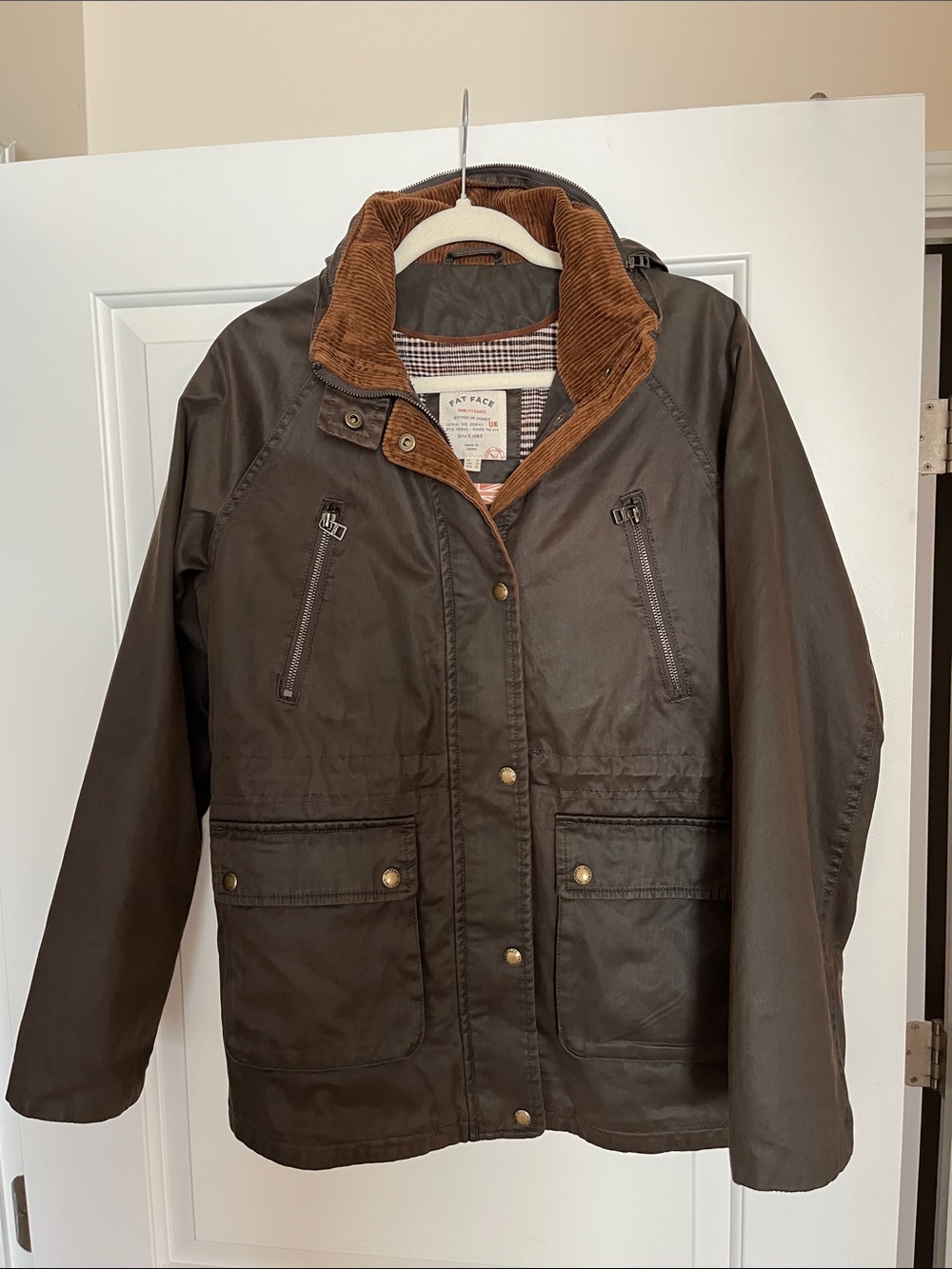 Fat Face Dark Brown Waxed Field Jacket with Tan Corduroy Trim